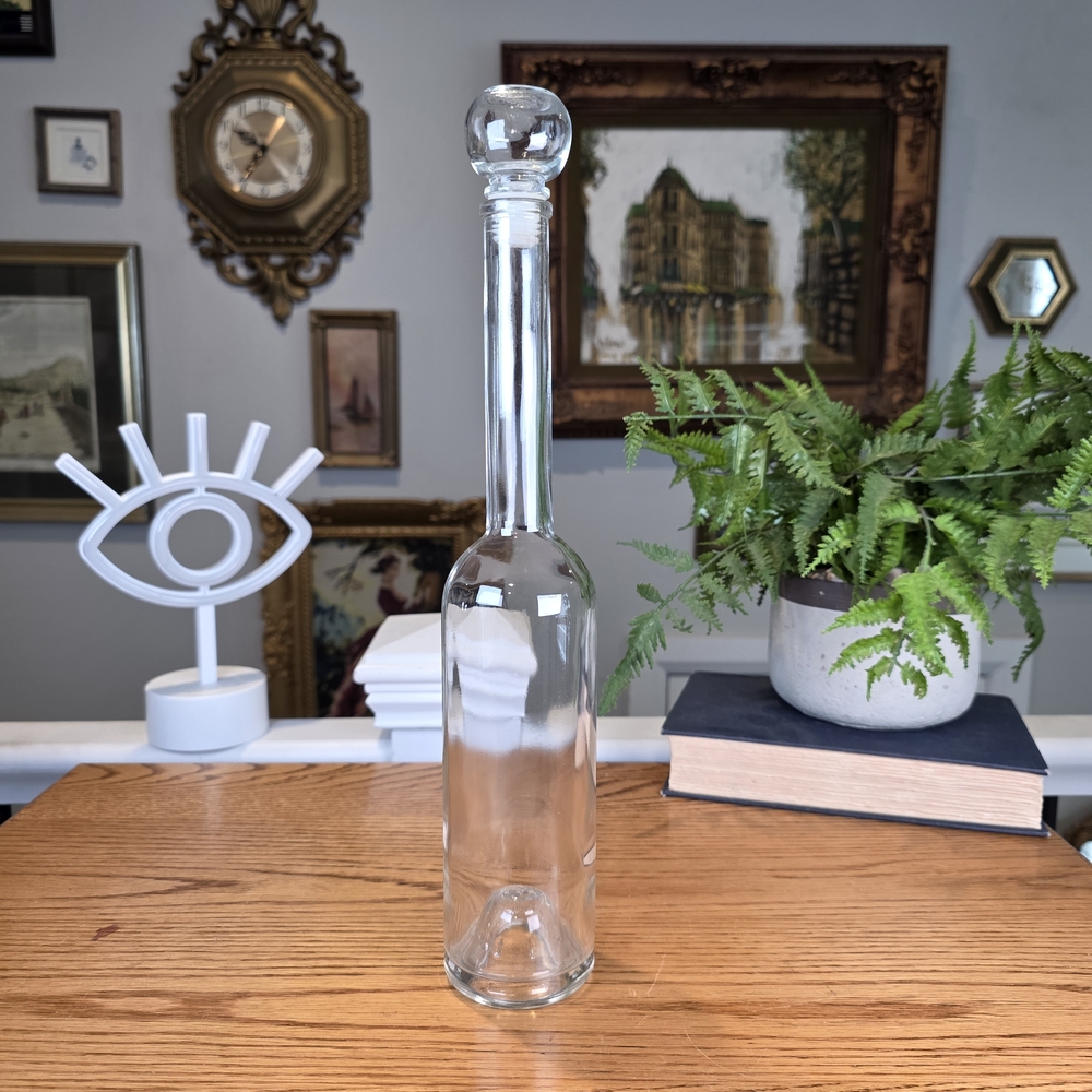Vintage Clear Glass Long Neck Decanter with Bubble Stopper - 13" Bottle